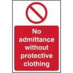 The photo shows a bright yellow sign with bold black text reading Prohibited Signs - No Admittance Without Protective Clothing in all capital letters. It is made from self-adhesive vinyl and measures 200mm by 300mm. The background features a pattern of diagonal black and yellow stripes.