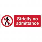The image shows a bright yellow industrial sign with bold letters reading Prohibited - Strictly no admittance. Made from 1.2mm recyclable PP material, this sign is sturdy and measures 600 x 200mm. This sign is perfect for alerting individuals to restricted areas in industrial settings.