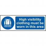 There is a bright yellow and black sign with the words High visibility clothing must be worn in this area in bold, block lettering. Underneath is the measurement of 1.2mm and the material, Recyclable PP in smaller font. The sign is rectangular and measures 300 x 100mm. This sign is part of the Spectrum Industrial PPE Signs collection.