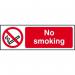 The image features a series of bold red and white No Smoking signs, made of 1.2mm thick recyclable PP material, measuring 300 x 100mm. The signs are from Spectrum Industrial, clearly stating the prohibition of smoking in the designated area.