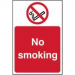The image shows a small rectangular sign with bold red and black lettering that reads No Smoking over a white background. The sign is made of self-adhesive vinyl and measures 100mm x 150mm. It also features the Spectrum Industrial logo in the bottom right corner.