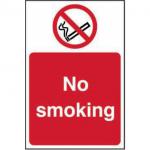 The photograph captures a set of vibrant Spectrum Industrial No Smoking Signs made from 1.2mm recyclable PP. Each sign measures 100 x 150mm and features bold lettering and graphics.