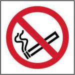 The image features a set of Spectrum Industrial No Smoking Signs made from 1.2mm recyclable PP material. The signs are square-shaped and measure 200 x 200mm. The dominant feature is the universal no smoking symbol in bold red. The background is white with black text. The signs are suitable for indoor and outdoor use.