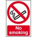 The picture shows two rectangular no smoking signs made of 1.2mm recyclable PP material. The signs have the words no smoking written in bold letters with the image of a cigarette crossed out. They measure 148 x 210mm and have a clean and professional look.