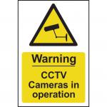 The picture shows a bright yellow sign with bold black lettering that reads Warning CCTV in operation. The material is 1.2mm recyclable PP and the size is 148 x 210mm. The sign features the Spectrum Industrial logo and a CCTV camera icon, indicating surveillance. It appears professional and attention-grabbing, suitable for industrial settings.