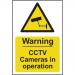 The picture shows a bright yellow sign with bold black lettering that reads Warning CCTV in operation. The material is 1.2mm recyclable PP and the size is 148 x 210mm. The sign features the Spectrum Industrial logo and a CCTV camera icon, indicating surveillance. It appears professional and attention-grabbing, suitable for industrial settings.
