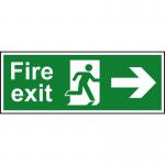This image showcases a Spectrum Industrial Fire Safety Signs Fire Exit (Man arrow Right) Sign. It is made of self-adhesive vinyl and measures 400mm x 150mm. The bright red and white design features a man running to the right, indicating the direction of the fire exit. The sign is ideal for industrial or commercial settings and meets all fire safety regulations.