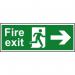 This image showcases a Spectrum Industrial Fire Safety Signs Fire Exit (Man arrow Right) Sign. It is made of self-adhesive vinyl and measures 400mm x 150mm. The bright red and white design features a man running to the right, indicating the direction of the fire exit. The sign is ideal for industrial or commercial settings and meets all fire safety regulations.