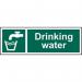 The photograph shows Spectrum Industrial Food Prep Signs Drinking water 1.2mm Recyclable PP (300 x 100mm) 12039, featuring bold, white lettering on a bright blue background. The sign is made of durable, recyclable material and is perfect for use in industrial food preparation areas. The size is 300 x 100mm, making it easy to read from a distance.