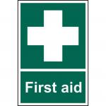 The photo shows a bright and durable red and white sign with the words First Aid prominently displayed in bold letters. Made from recyclable PP material, the sign measures 200 x 300mm and has a thickness of 1.2mm. It is from Spectrum Industrial and is suitable for displaying in industrial settings.