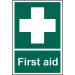 The photo shows a bright and durable red and white sign with the words First Aid prominently displayed in bold letters. Made from recyclable PP material, the sign measures 200 x 300mm and has a thickness of 1.2mm. It is from Spectrum Industrial and is suitable for displaying in industrial settings.