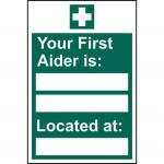 This sign from Spectrum Industrial displays first aid information. It features a blank space for the first aiders name and location, and is made of 1.2mm recyclable PP material. The size of the sign is 200 x 300mm and the product code is 12045.