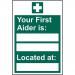 This sign from Spectrum Industrial displays first aid information. It features a blank space for the first aiders name and location, and is made of 1.2mm recyclable PP material. The size of the sign is 200 x 300mm and the product code is 12045.