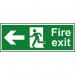 This photo shows a red and white industrial fire safety sign with a left-facing man arrow, indicating a fire exit. The sign is made of self-adhesive vinyl and measures 400mm x 150mm. Perfect for promoting fire safety in industrial settings.