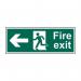 The image shows a pack of 5 fire safety signs, each displaying a man running to the left with an arrow pointing in that direction. The signs are made of self-adhesive vinyl and measure 400mm x 150mm. The background is a bright orange with bold black text and symbols. These signs are designed to guide individuals to the nearest fire exit in case of an emergency.