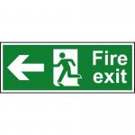 The photograph shows a red and white fire exit sign with a man arrow pointing left, made of durable 1.2mm recyclable PP material. Its dimensions are 400 x 150mm. It is from Spectrum Industrial and is specifically for fire safety.