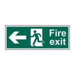 This photo features a set of 7 Spectrum Industrial Fire Safety Signs depicting a man exiting to the left. The signs are made from 1.2mm recyclable PP material and measure 400 x 150mm. They are designed for fire exit use and are perfect for commercial and industrial buildings.