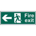 In the photograph, a bright red industrial fire safety sign with the words FIRE EXIT is shown. The image features a man running towards the left with an arrow pointing in the same direction. The material is 1.2mm thick recyclable PP and the sign measures 600 x 200mm. The crisp and clear design ensures easy visibility and understanding of the emergency exit.