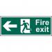In the photograph, a bright red industrial fire safety sign with the words FIRE EXIT is shown. The image features a man running towards the left with an arrow pointing in the same direction. The material is 1.2mm thick recyclable PP and the sign measures 600 x 200mm. The crisp and clear design ensures easy visibility and understanding of the emergency exit.