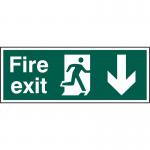 This picture shows a Spectrum Industrial Fire Safety Sign featuring a man arrow pointing down, indicating a fire exit. The sign is made of self-adhesive vinyl and measures 400mm x 150mm.