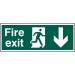 This picture shows a Spectrum Industrial Fire Safety Sign featuring a man arrow pointing down, indicating a fire exit. The sign is made of self-adhesive vinyl and measures 400mm x 150mm.