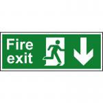 The image shows a Spectrum Industrial Fire Safety Sign with a bold red and white color scheme. The sign features a man running down a set of stairs with an arrow pointing downwards, indicating a fire exit. Made of 1.2mm recyclable PP material, the sign measures 400 x 150mm and is suitable for industrial use.