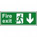 The image shows a Spectrum Industrial Fire Safety Sign with a bold red and white color scheme. The sign features a man running down a set of stairs with an arrow pointing downwards, indicating a fire exit. Made of 1.2mm recyclable PP material, the sign measures 400 x 150mm and is suitable for industrial use.