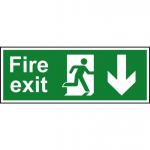 Fire Exit sign with running man and arrow down (400 x 150mm). Manufactured from strong rigid PVC and is non-adhesive; 0.8mm thick.