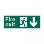 In this picture, we see a set of five Spectrum Industrial Fire Safety Signs designed for fire exits. Made of 1.2mm recyclable PP material, the signs feature a universal man arrow pointing down to signify an emergency escape route. Each sign measures 400 x 150mm, making it easily visible and comprehensive.