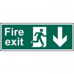 This picture captures a Spectrum Industrial Fire Safety Signs Fire Exit (Man Arrow Down) Sign made of self-adhesive vinyl. The sign measures 600mm x 200mm and features a bold red and white design. The image shows a man running down stairs, indicating the direction of the fire exit. Clear and eye-catching, this sign is essential for fire safety in any industrial setting.