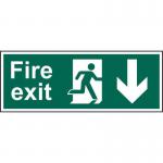 Fire Exit Man Arrow Down sign (600 x 200mm). Manufactured from strong rigid PVC and is non-adhesive; 0.8mm thick.