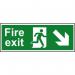This photograph shows a Spectrum Industrial Fire Safety Signs Fire Exit (Man Arrow DownRight) Sign. The self-adhesive vinyl sign measures 400mm x 150mm and has a product code of 12100.