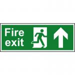 This photograph features a Spectrum Industrial Fire Safety Sign, specifically a Fire Exit Sign with a man going up an arrow. It is made of self-adhesive vinyl and measures 400mm x 150mm. The vibrant colors and clear text make it easy to locate and follow in the event of an emergency.