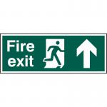 The picture shows a Spectrum Industrial Fire Safety Signs Fire exit with a man pointing up, made of 1.2mm recyclable PP material. It measures 400 x 150mm and is labeled as 12105. The background is white with a bold red arrow and text on it. The image is clear and easy to read, making it a practical choice for any industrial setting.