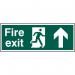 The picture shows a Spectrum Industrial Fire Safety Signs Fire exit with a man pointing up, made of 1.2mm recyclable PP material. It measures 400 x 150mm and is labeled as 12105. The background is white with a bold red arrow and text on it. The image is clear and easy to read, making it a practical choice for any industrial setting.