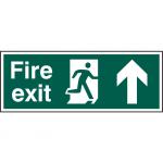 Fire Exit sign with running man and arrow up (400 x 150mm). Manufactured from strong rigid PVC and is non-adhesive; 0.8mm thick.