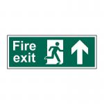 This photo showcases a set of seven Spectrum Industrial Fire Safety Signs. The sign displays a large arrow pointing upwards towards a man, indicating a fire exit. Made of 1.2mm recyclable PP material, each sign measures 400 x 150mm. Essential for any workplace to ensure the safety of employees.