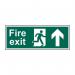 This photo showcases a set of seven Spectrum Industrial Fire Safety Signs. The sign displays a large arrow pointing upwards towards a man, indicating a fire exit. Made of 1.2mm recyclable PP material, each sign measures 400 x 150mm. Essential for any workplace to ensure the safety of employees.