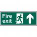 The photograph captures a vibrant Spectrum Industrial Fire Safety Sign featuring a clear Fire Exit message and a man with an arrow pointing upwards. Made with recyclable PP material, the sign measures 600 x 200mm and is perfect for ensuring fire safety in industrial settings.