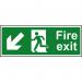 In this picture, a bright red Spectrum Industrial Fire Safety Signs Fire Exit Sign can be seen. The sign features a man running with an arrow pointing downward and to the left, indicating the direction of the fire exit. The sign is made of self-adhesive vinyl and measures 400mm x 150mm.