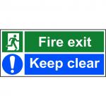 Self-Adhesive Vinyl Fire Exit Keep Clear safety instruction sign with running man and arrow down right (400 x 150mm). Easy to use and fix.