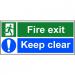 Self-Adhesive Vinyl Fire Exit Keep Clear safety instruction sign with running man and arrow down right (400 x 150mm). Easy to use and fix. 12132