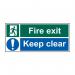 The picture shows several Spectrum Industrial Fire Safety Signs. Each sign has the words Fire exit Keep clear on it and is made of 1.2mm recyclable PP. They measure 450 x 200mm and there are 7 signs in total.