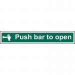 This photo shows a Spectrum Industrial Fire Safety Sign with the words Push bar to open on a 1.2mm thick, recyclable PP material. The sign measures 300 x 100mm and is numbered 12139. The background is a bright, eye-catching color with bold, black lettering. The design is simple and clear, ensuring maximum visibility and effectiveness in an emergency situation.