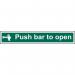 This photo shows a Spectrum Industrial Fire Safety Sign with the words Push bar to open on a 1.2mm thick, recyclable PP material. The sign measures 300 x 100mm and is numbered 12139. The background is a bright, eye-catching color with bold, black lettering. The design is simple and clear, ensuring maximum visibility and effectiveness in an emergency situation.