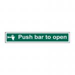 The Spectrum Industrial Safety Signs Push Bar To Open Sign (Pack of 5) is a set of five self-adhesive vinyl signs with the dimensions of 600mm x 100mm. The sign features a bold, black Push Bar To Open message on a bright yellow background, making it easily visible and recognizable. The sign is perfect for establishments that require a push bar to open door, providing clear safety instructions to all who pass by.
