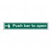 The Spectrum Industrial Safety Signs Push Bar To Open Sign (Pack of 5) is a set of five self-adhesive vinyl signs with the dimensions of 600mm x 100mm. The sign features a bold, black Push Bar To Open message on a bright yellow background, making it easily visible and recognizable. The sign is perfect for establishments that require a push bar to open door, providing clear safety instructions to all who pass by.