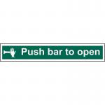The picture shows a bright Spectrum Industrial Fire Safety Sign with a directive to Push the bar to open. Made of 1.2mm recyclable PP material, the sign measures 600 x 100mm and features number 12141. The sign is designed to be eye-catching and informative for fire safety protocols.