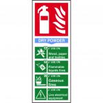 The photograph features a Spectrum Industrial Fire Extinguisher Sign for dry powder fire extinguishers. The sign is made of self-adhesive vinyl and measures 82mm x 202mm. The bright red and white design clearly displays the word FIRE EXTINGUISHER in bold letters for easy identification and safety.