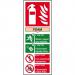 The picture shows a bright red industrial fire extinguisher sign with the words Fire Extinguisher and Foam printed in bold letters. The sign is self-adhesive and made of vinyl, measuring 82mm x 202mm. The background features a spectrum of vibrant colors, creating a visually striking and attention-grabbing display.